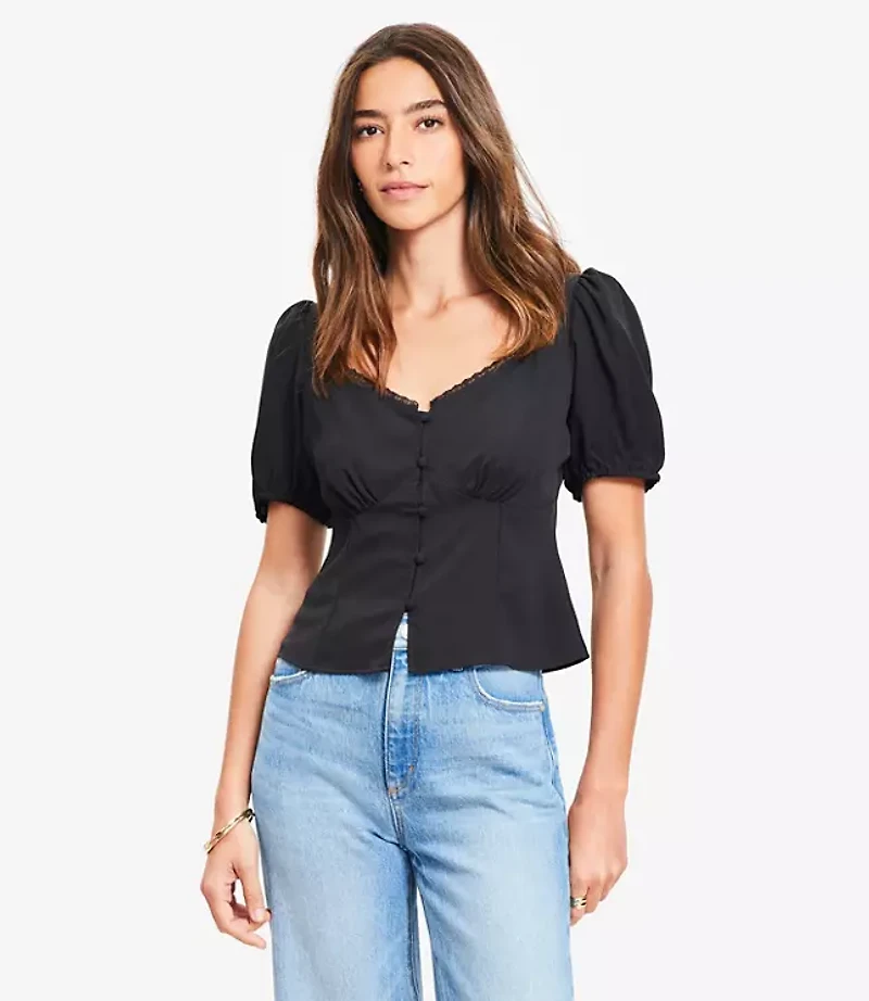 Lace Trim Sweetheart Neck Blouse