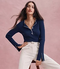 Contrast Stitched Split Cuff Henley Sweater