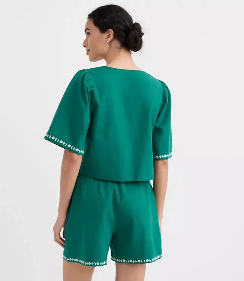 Floral Linen Cotton Bow Blouse