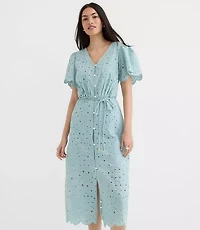 Scalloped Eyelet Midi Pocket Shirtdress