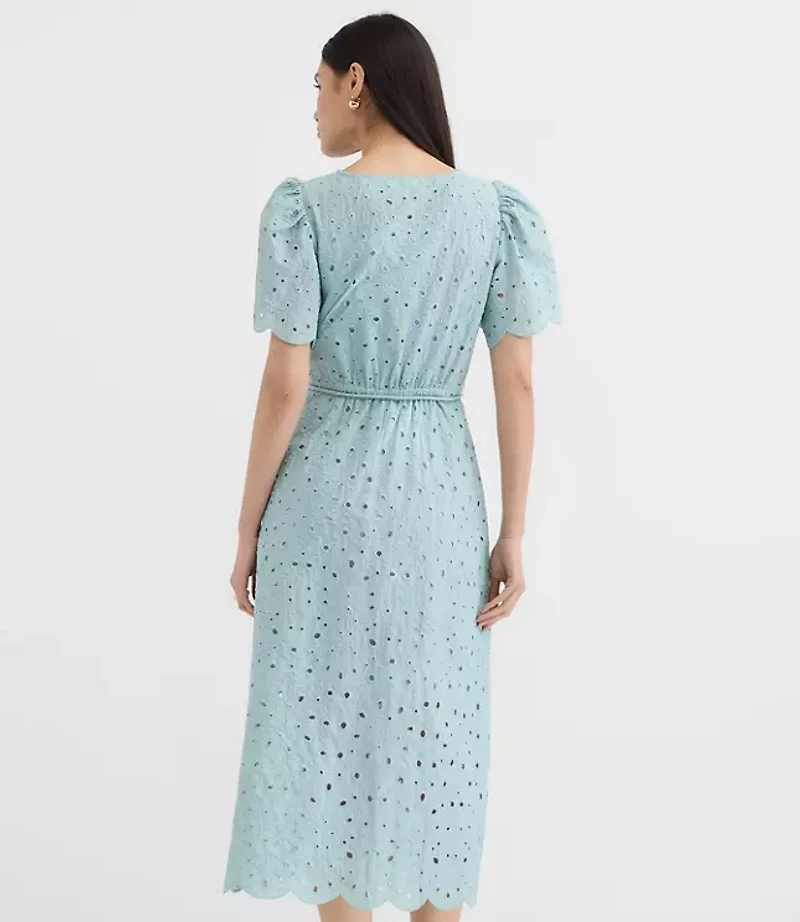 Scalloped Eyelet Midi Pocket Shirtdress