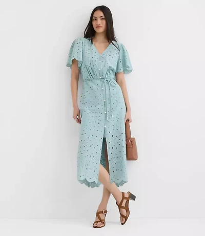 Scalloped Eyelet Midi Pocket Shirtdress