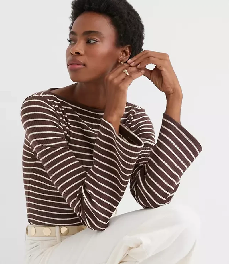 Stripe Ribbed Flare Sleeve Boatneck Top