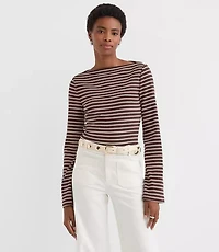 Stripe Ribbed Flare Sleeve Boatneck Top