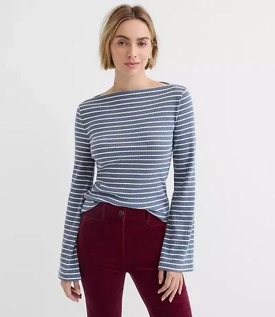 Stripe Ribbed Flare Sleeve Boatneck Top