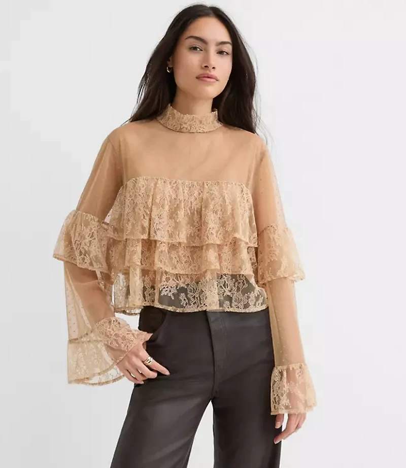 Velvet Dotted Chantilly Lace Ruffle Top