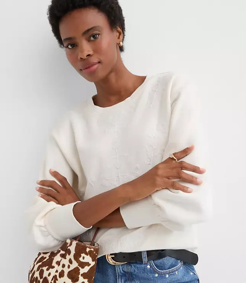 Floral Embroidered Terry Puff Sleeve Sweatshirt