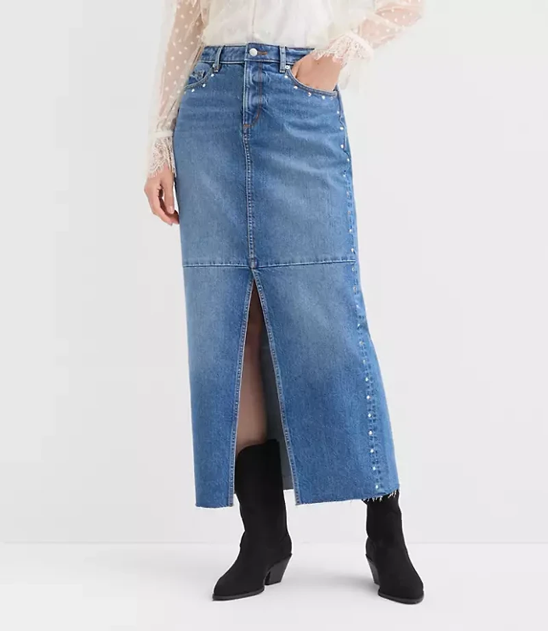 Studded Denim Maxi Skirt Classic Mid Wash