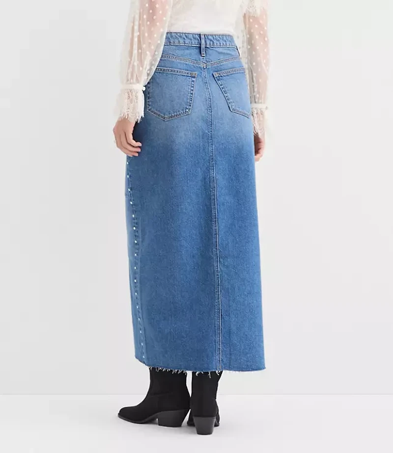Studded Denim Maxi Skirt Classic Mid Wash