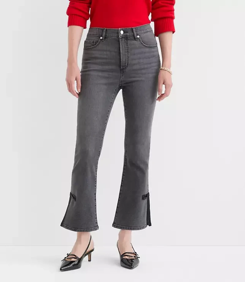 Satin Bow High Rise Kick Crop Jeans Washed Black