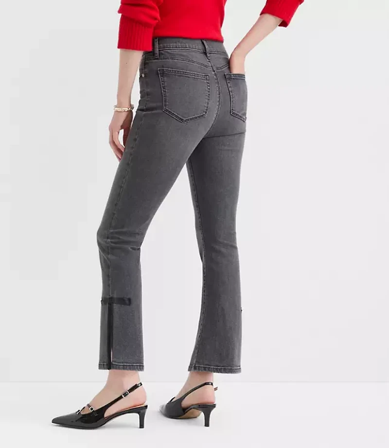 Satin Bow High Rise Kick Crop Jeans Washed Black