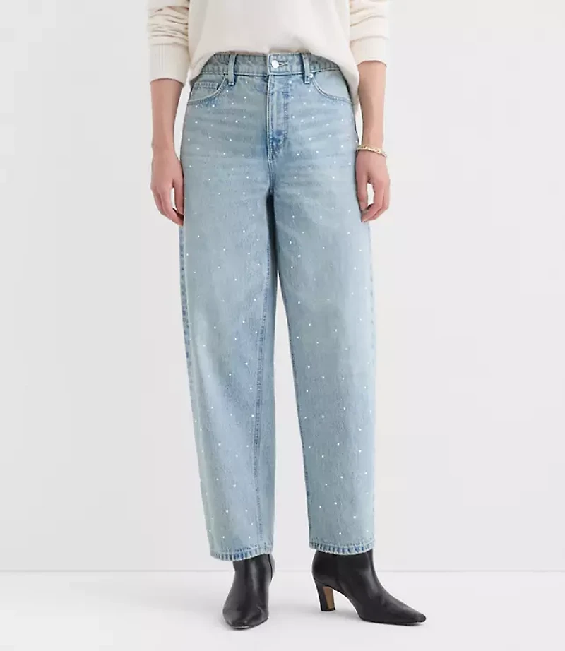Petite Sparkle Embellished High Rise Barrel Jeans Vintage Light Indigo Wash