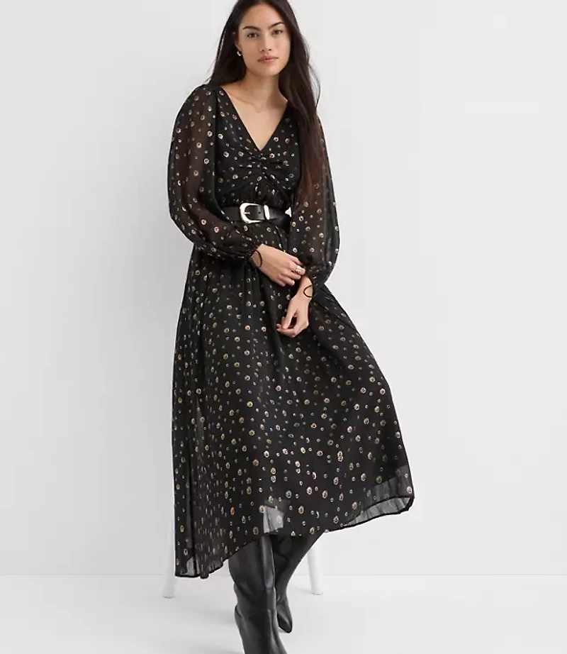 Shimmer Geo Clip Ruched Maxi Dress