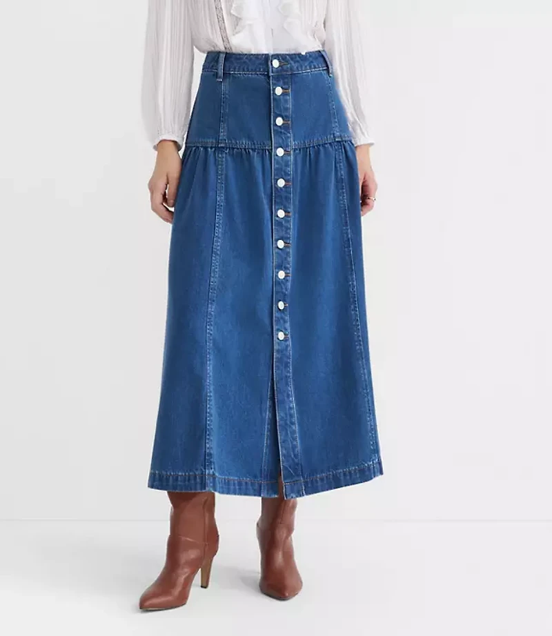 Rivete Button Denim Midi Skirt Classic Mid Wash