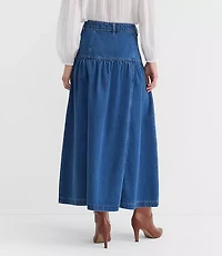 Rivete Button Denim Midi Skirt Classic Mid Wash