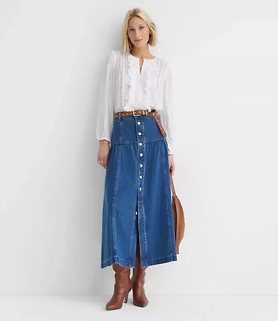Rivete Button Denim Midi Skirt Classic Mid Wash