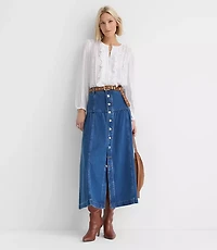 Rivete Button Denim Midi Skirt Classic Mid Wash