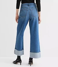 Curvy Embellished Cuffed High Rise Wide Leg Crop Jeans Bright Mid Indigo Wash