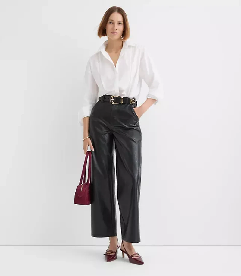 Petite Straight Pants Faux Leather