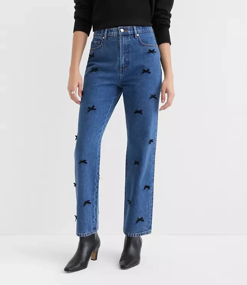 Velvet Bow High Rise Straight Jeans Bright Mid Indigo Wash