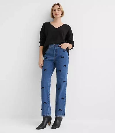 Velvet Bow High Rise Straight Jeans Bright Mid Indigo Wash