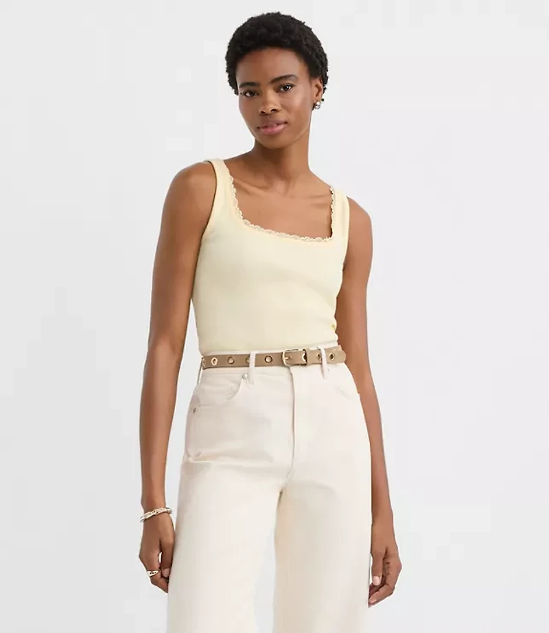 Lace Trim Perfect Ribbed Square Neck Tank Top
