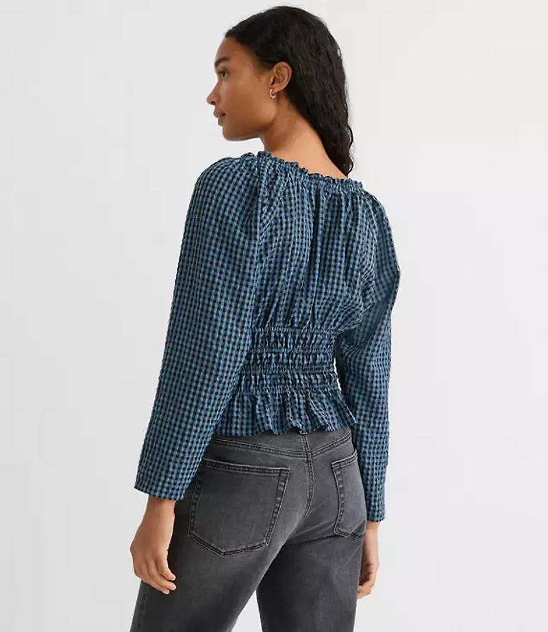 Gingham Smocked Ruffle V-Neck Blouse