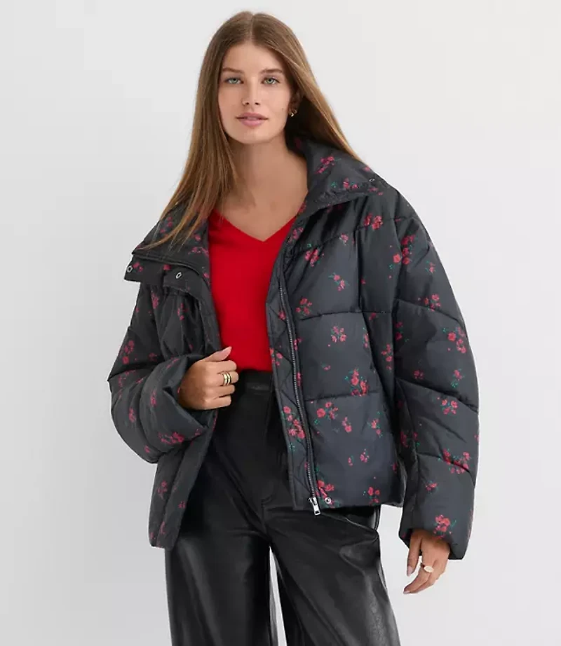 Floral Cocoon Sleeve Puffer Jacket
