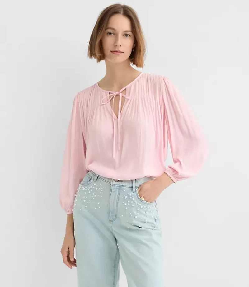 Petite Pleated Tie Neck Blouse