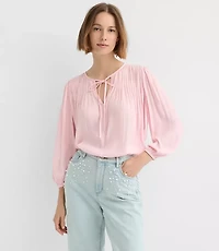 Petite Pleated Tie Neck Blouse