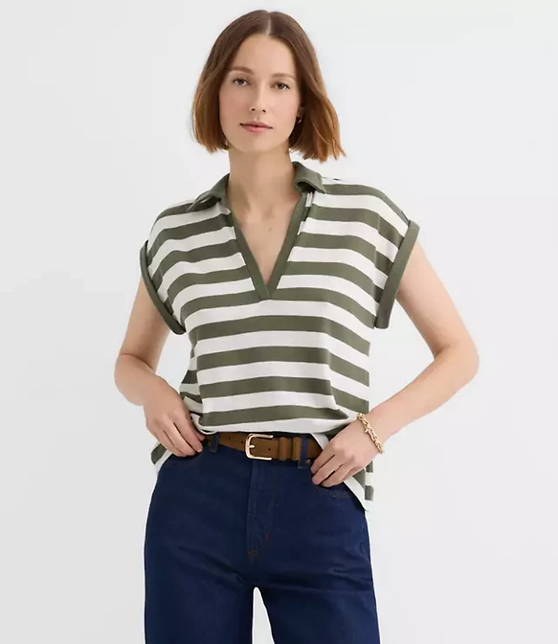 Stripe Collared Split Neck Top
