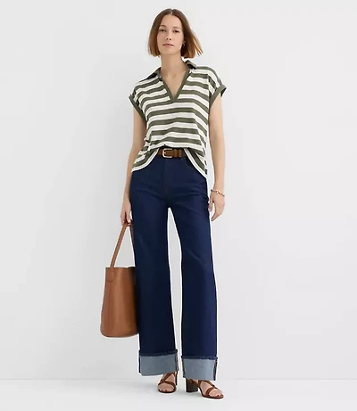Stripe Collared Split Neck Top