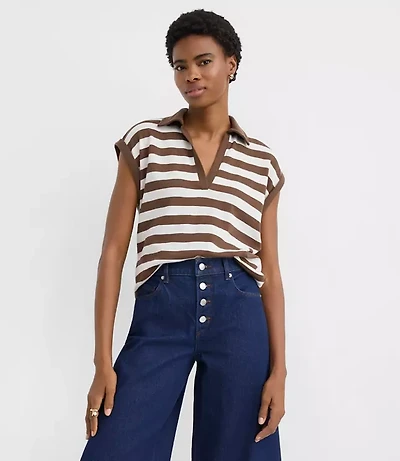 Stripe Collared Split Neck Top