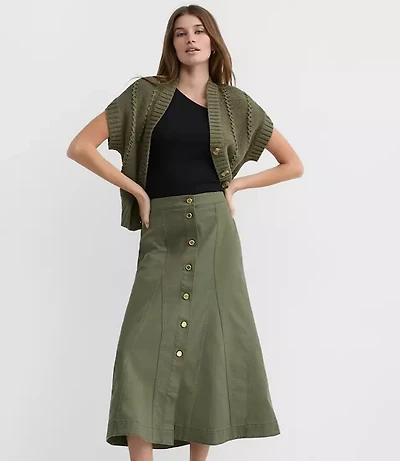 Twill Godet Button Midi Skirt
