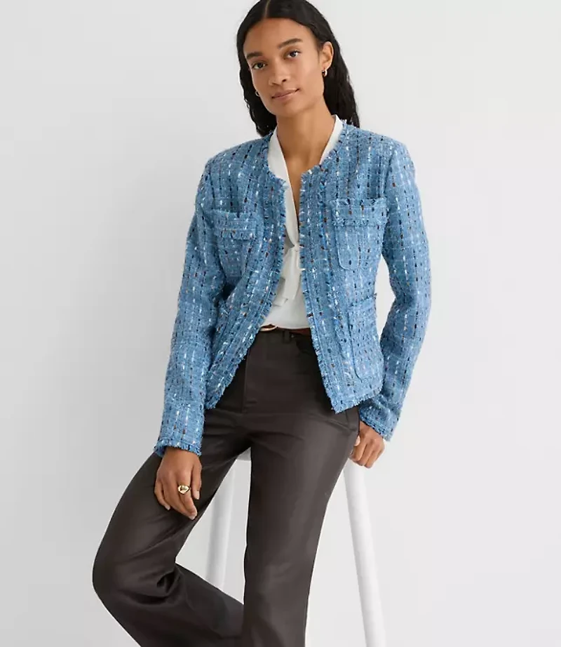 Frayed Tweed Collarless Jacket