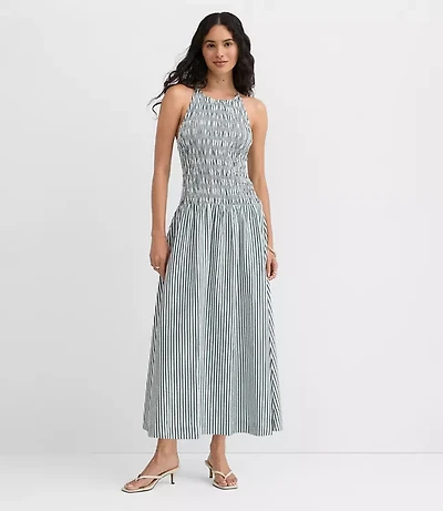 Striped Smocked Halter Midi Pocket Dress