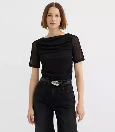 Mesh Ruched Boatneck Top