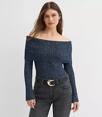 Shimmer Ribbed Flare Sleeve Off The Shoulder Sweater