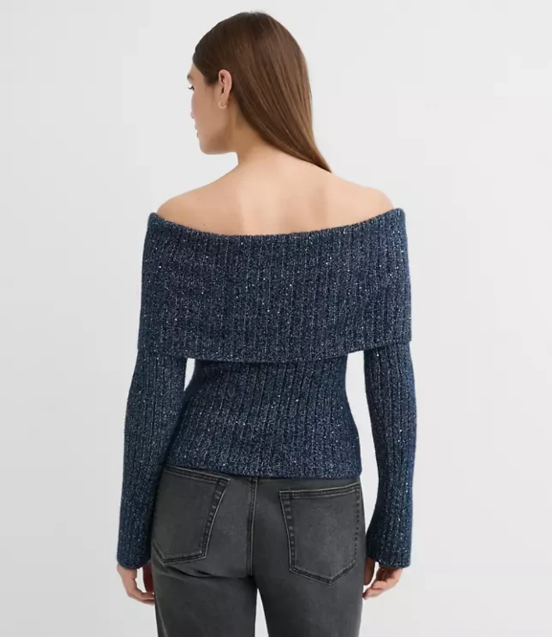 Shimmer Ribbed Flare Sleeve Off The Shoulder Sweater