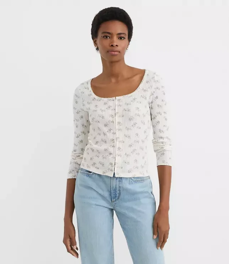 Floral Scalloped Ribbed Square Neck Cardigan