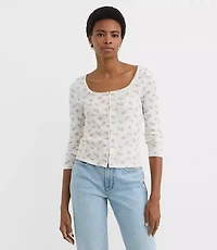 Floral Scalloped Ribbed Square Neck Cardigan