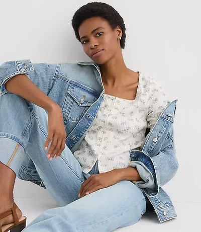 Floral Scalloped Ribbed Square Neck Cardigan