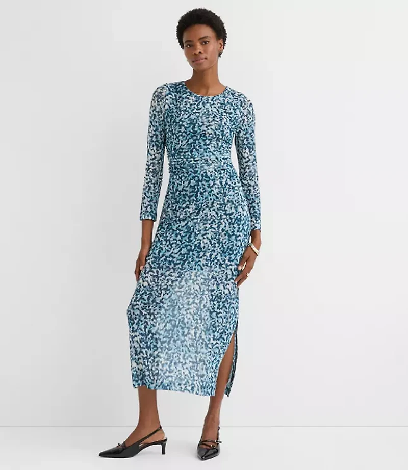 Petite Geo Mesh Ruched Midi Dress