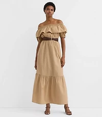Poplin Ruffle Off The Shoulder Maxi Pocket Dress