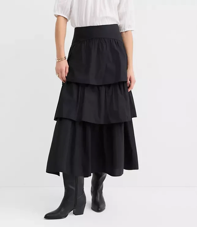 Yoke Poplin Ruffle Tiered Midi Skirt