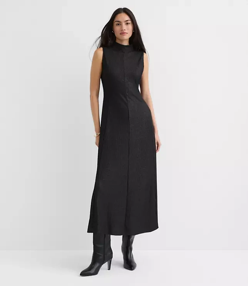 Petite Foil Ribbed Mock Neck Maxi Dress