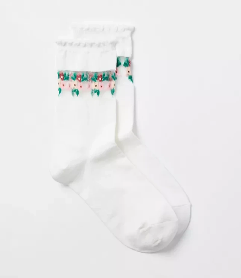 Floral Stripe Scalloped Sheer Crew Socks