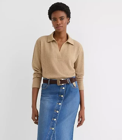 Petite Melange Waffle Collared V-Neck Top