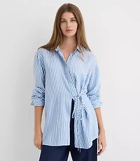 Petite Striped Asymmetrical Side Tie Tunic Shirt