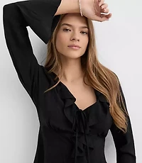 Petite Jacquard Ruffle Tie Neck Blouse